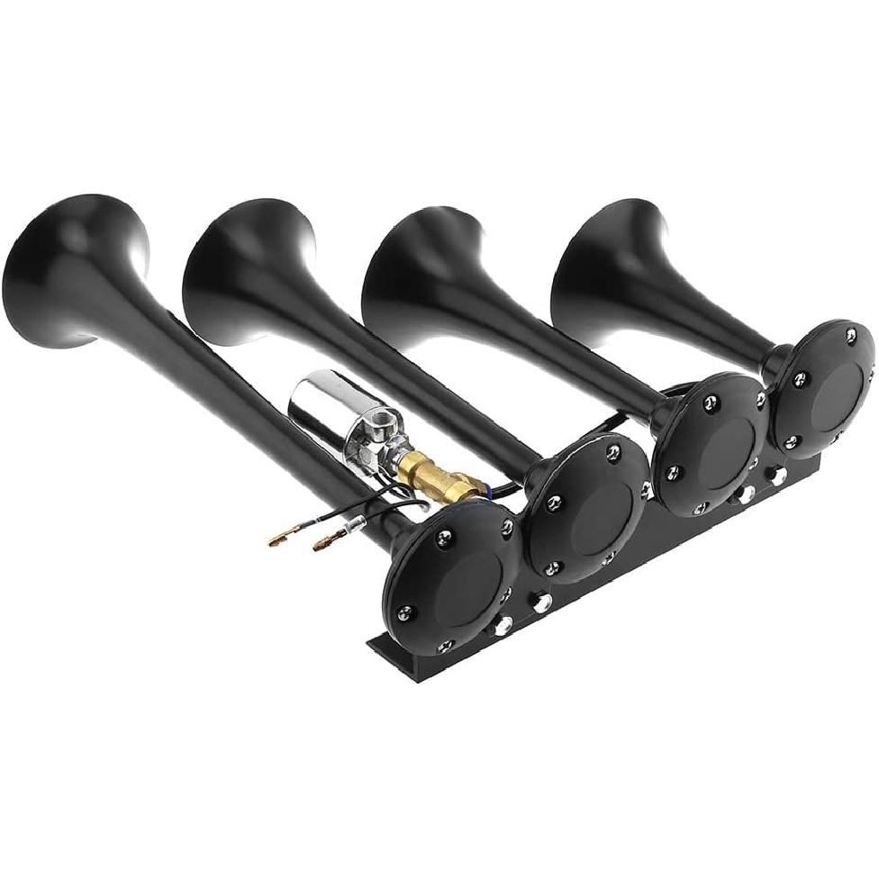 12V / 24V Truck Train Air Horn, 185dB Super Loud Four Trumpet Air Horn for Car Vehicle Truck Train Boat