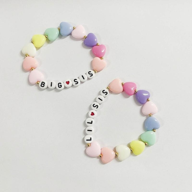 2Pcs Colorful Bead Sister Handchain Set Lettered Bangles Handcrafted Heart Bracelets for Siblings Friendship Bangle