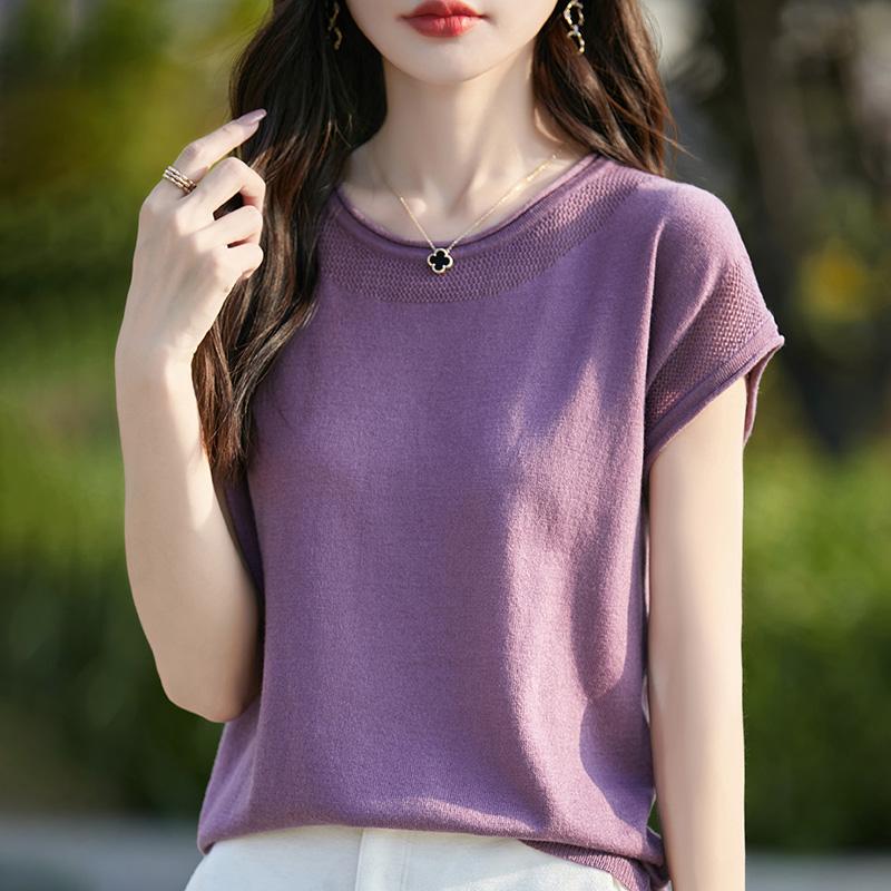 Dámský vlněný pulovr s krátkým rukávem kašmír Qinghe 50% hedvábí 50% vlna jaro a léto vlněná bezrukávová vesta měkká a pohodlná