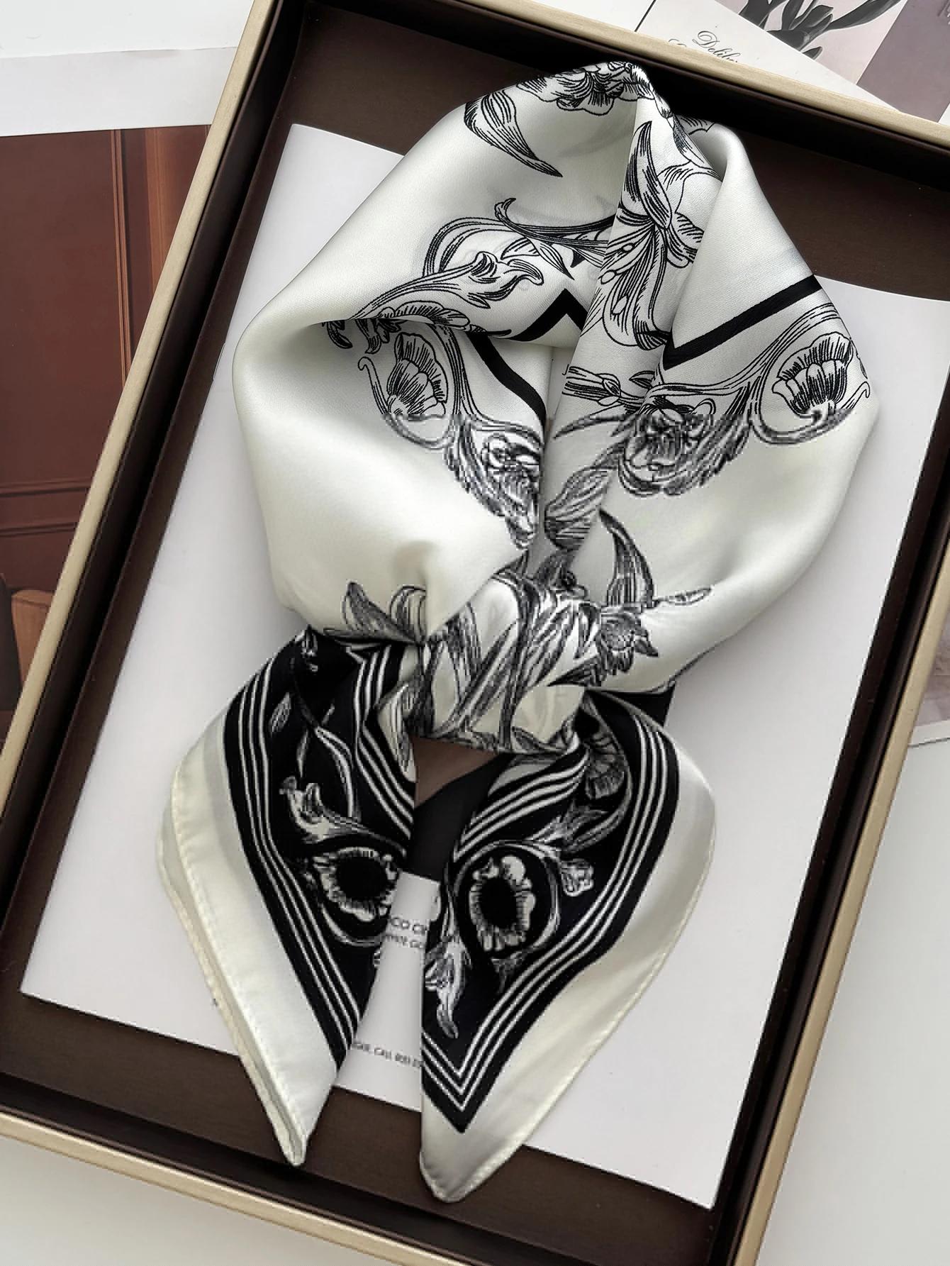 

Luxury Plaid Leaf Print Satin Square Scarf Soft Lightweight Women Fashion Accessory for Hair Neck Shawl Elegant Hair Scarf 70x70CM