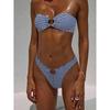 Sexy Blue Striped Bikini Women Front Ring Bandeau Push Up Thong Swimsuit Summer Bathing Suit Two Piece Swimwear Biquini