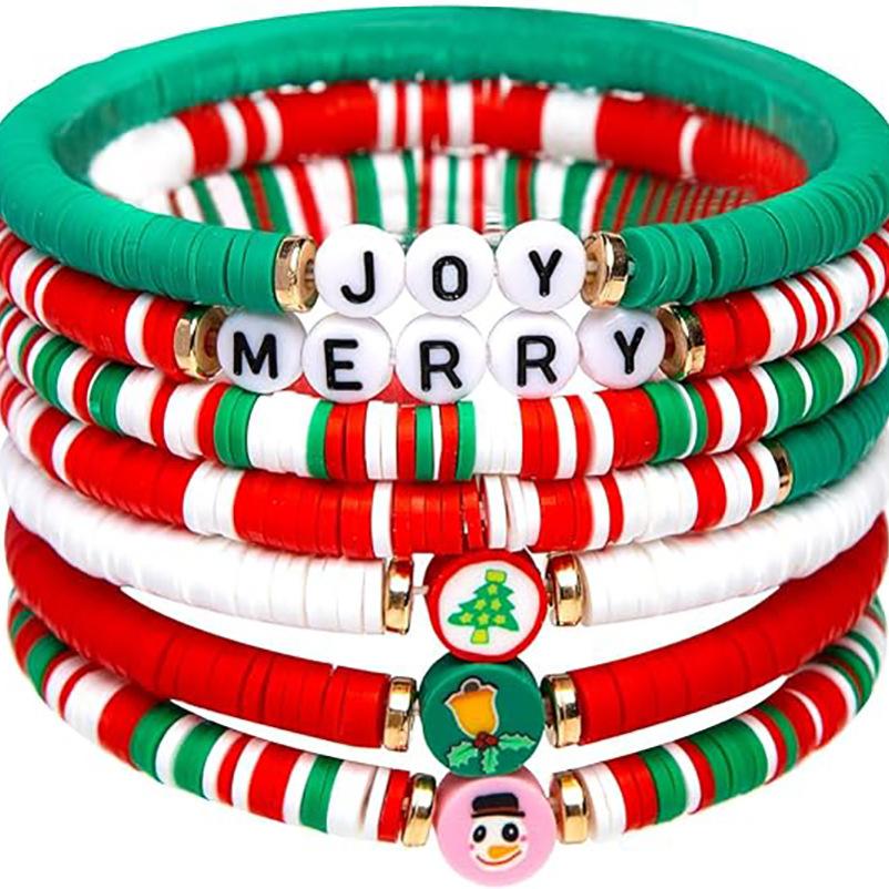 6-Piece Christmas Clay Bead Bracelet Set – Festive Red & Green Stackable Bangles with JOY/MERRY Charms, Xmas Party Gift for Women & Girls
