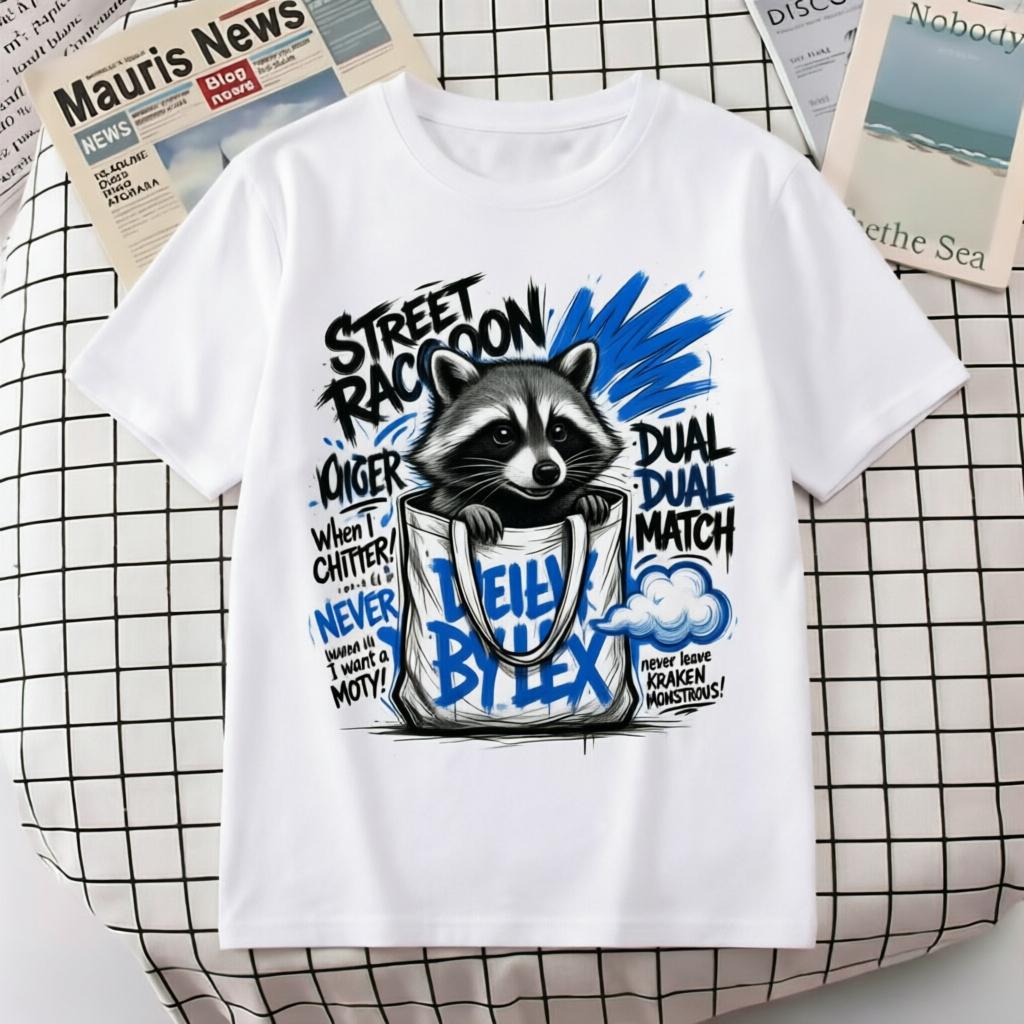 Cute Raccoon in Bag Streetwear Graphic TShirt Unisex Women Black Cotton Casual Tee M