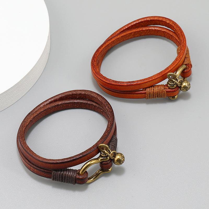 New Arrivals Retro Two Loop Leather Bracelet Men Punk Horseshoe Buckle Wrap Bracelets Creative Jewelry Gift