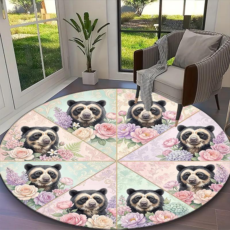 1pc Office Printed Round Carpet, Gentle Black Bear Rug, Home Sofa Chair Mat For Christmas and Halloween Décor