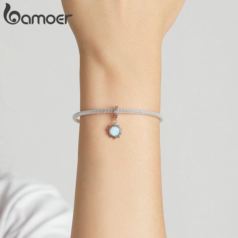 bamoer 925 Silver Blue Snowflake Spacer Charm Frozen Ice Crystal Opal Sun Pendant for Bracelet Women Fashion Jewelry
