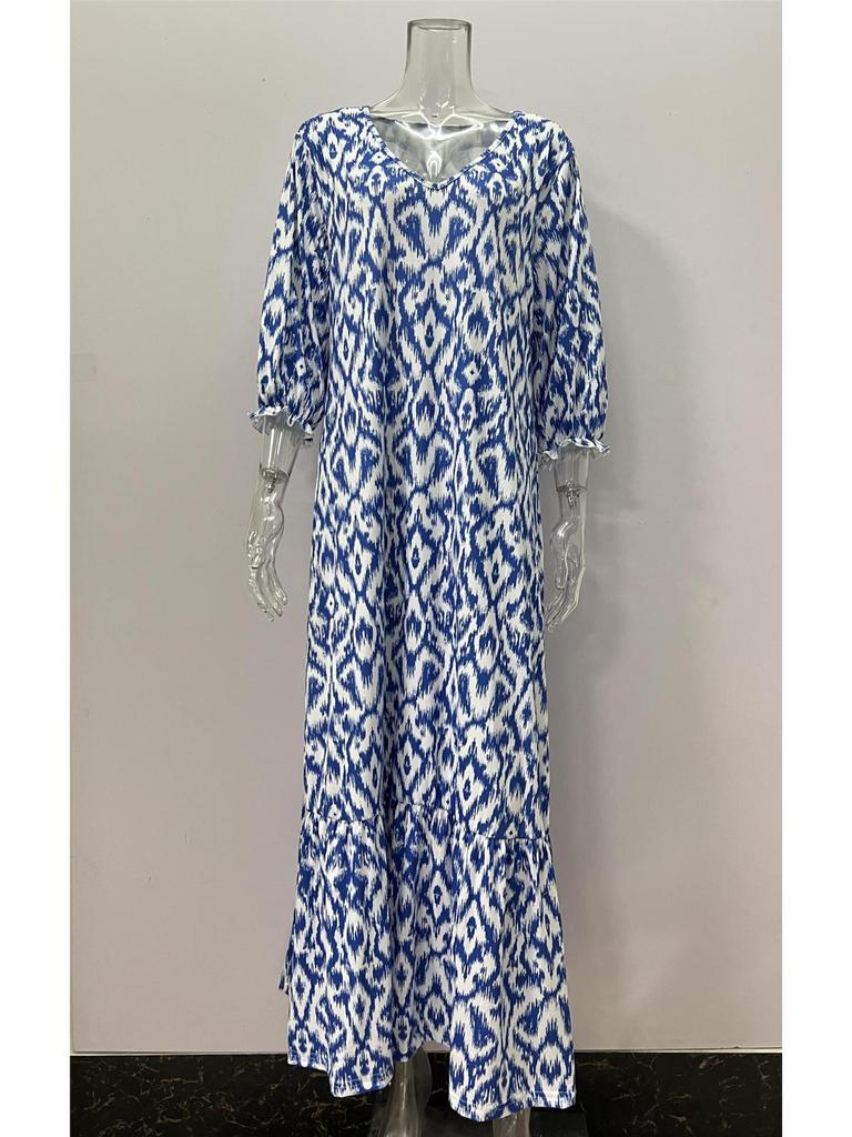 2023 Autumn/Winter European & American Casual V-Neck Printed Mid-Sleeve Dress