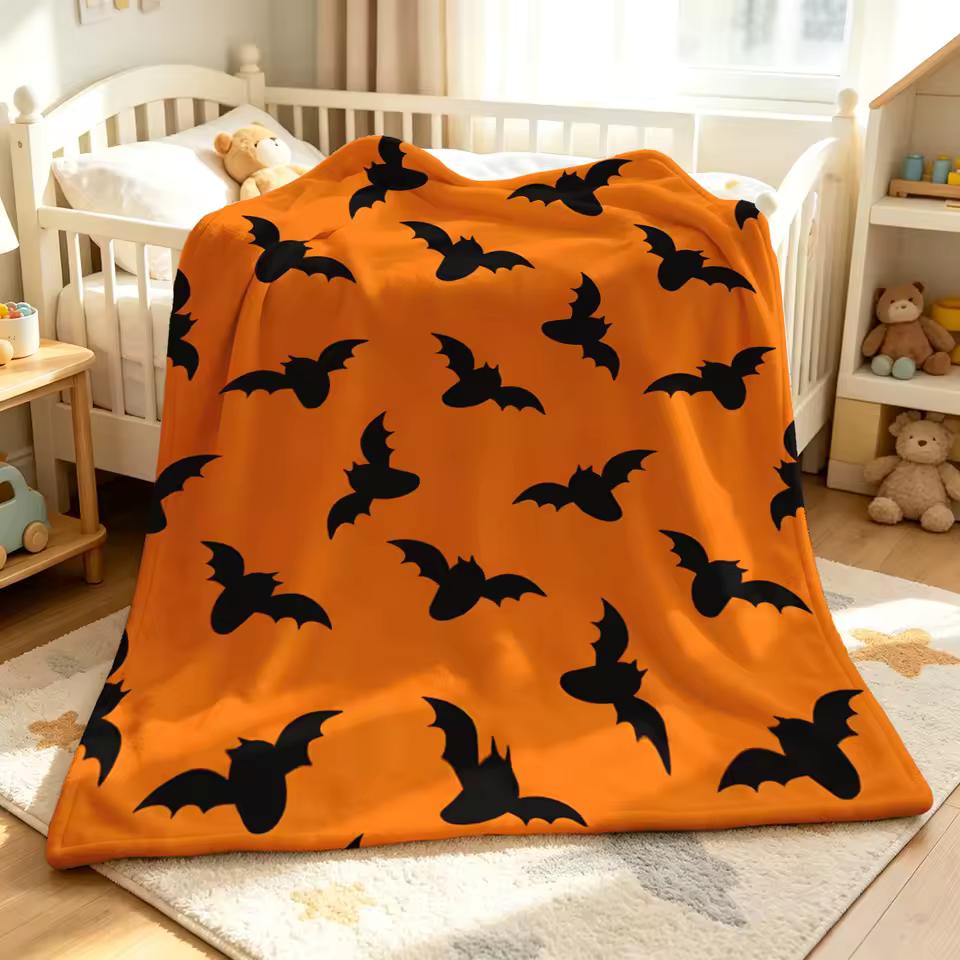 Orange Sweeping Bat Art Soft Fluffy Flannel Blanket Super Cozy Lightweight Bed Blanket for Halloween Sofa Bed Christmas Decor