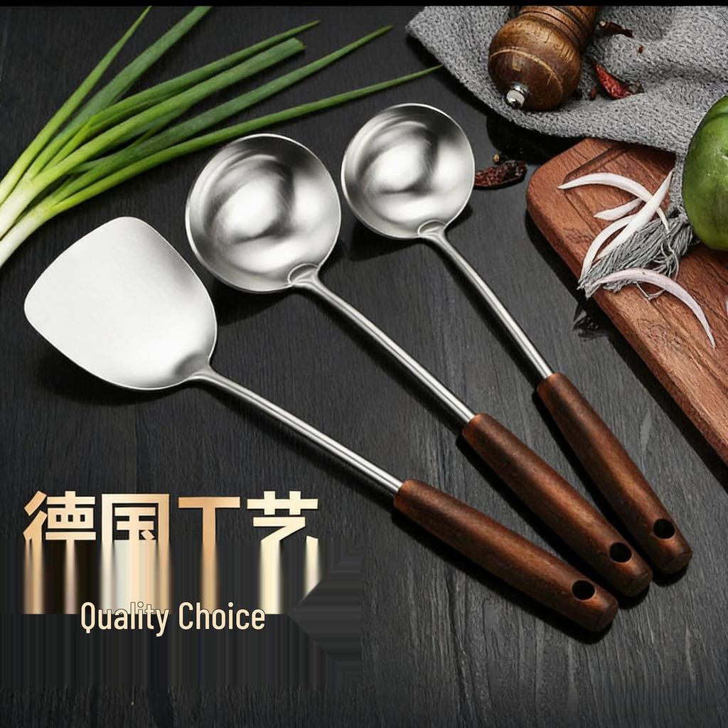 Stainless Steel & Wood Thickened Cookware Set: Frying Pan Spatula, Slotted Spoon, Ladle, Anti-Scald Design