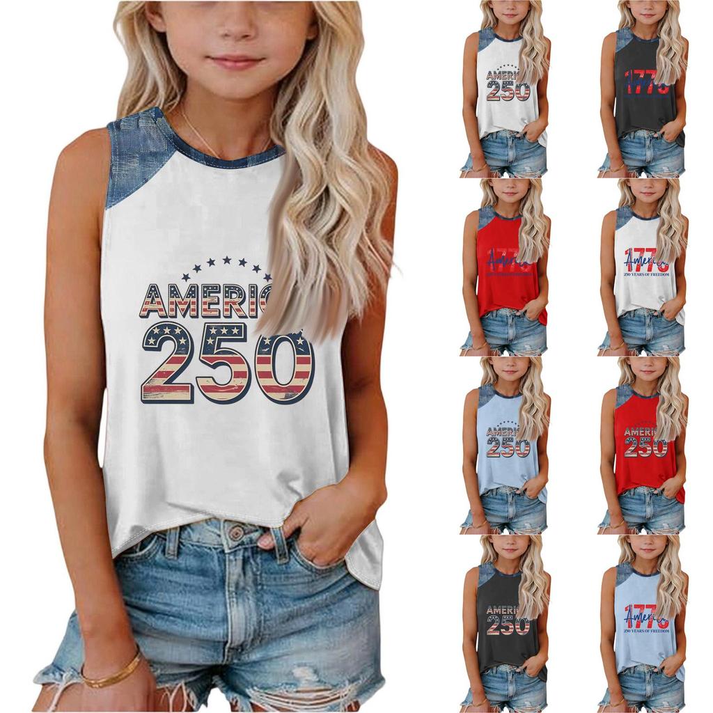 Girls Sleeveless Loose Fit Tank Top Independence Day Print Denim Patchwork Round Neck T Shirt Summer Casual Tee