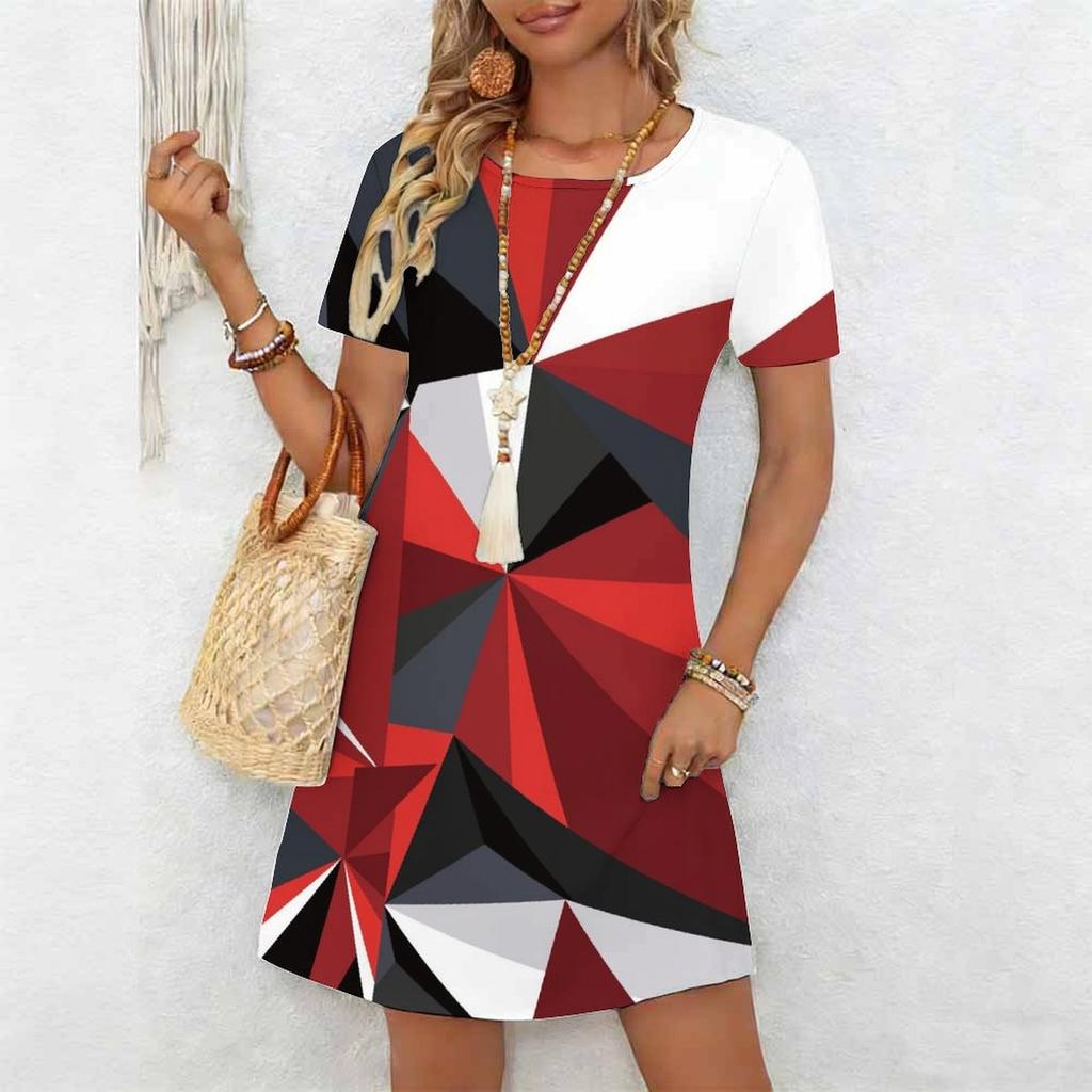 Plus Size Ladies Crew Neck Short Sleeve Dress Soft Retro Floral Print For Casual Downtown Stroll