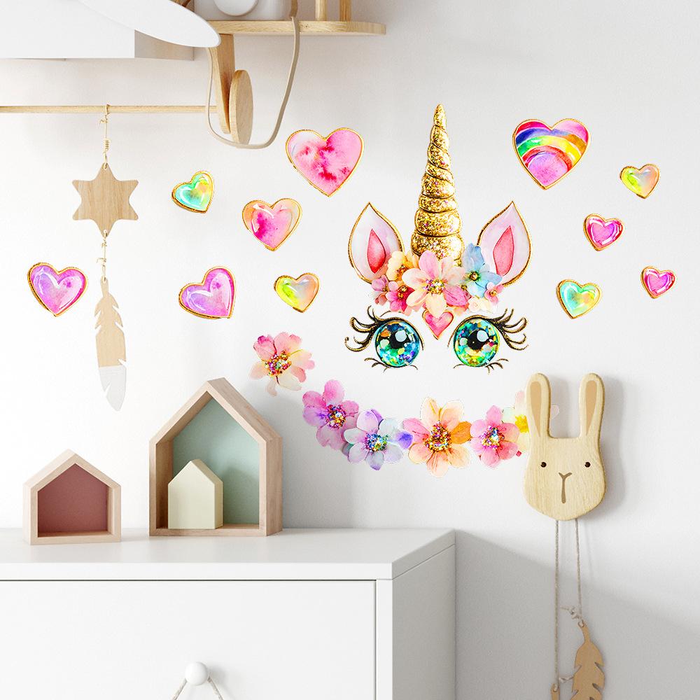 Cartoon Unicorn with Heart Wall Sticker Magical Sweet Self-Adhesive Decor for Children's Bedroom Living Room Kids Room