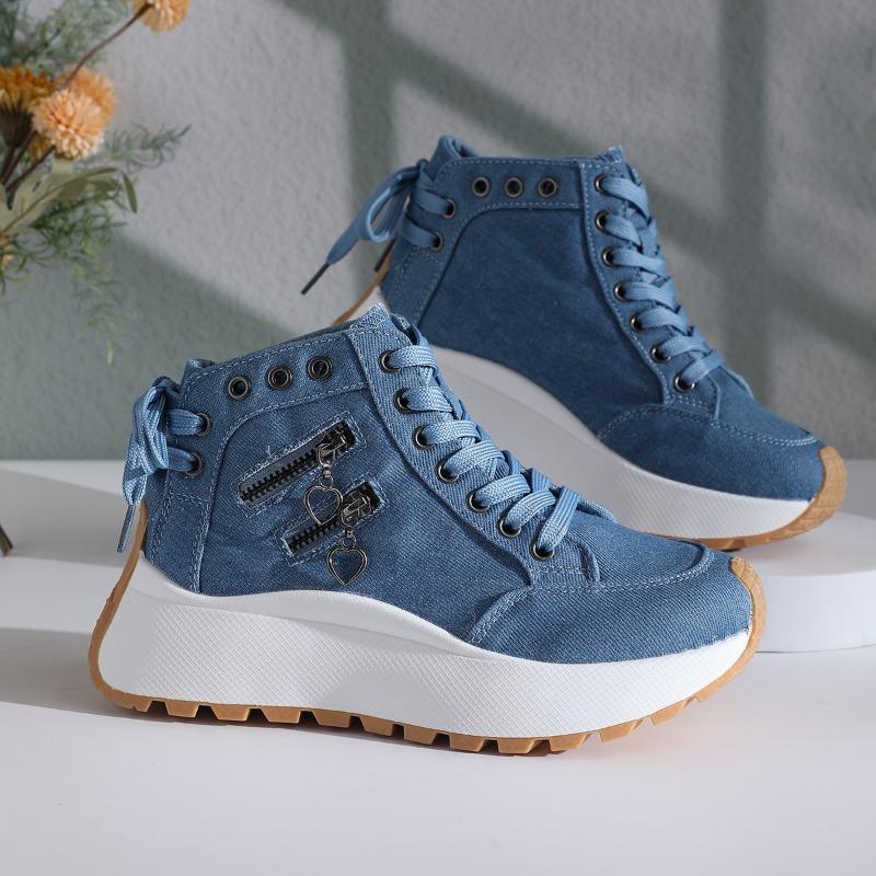 Fall New Round Toe Lace-Up Front Denim Zip Platform Non-Slip Mid-Top Sneakers Fashion Sneakers