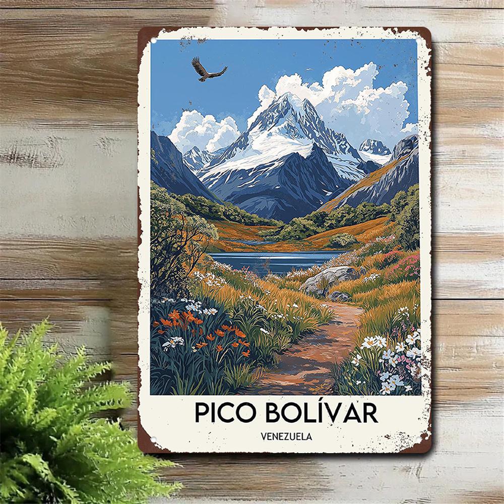 D Vintage Wall Art Scenic Venezuela View of Pico Bolvar Snow Mountains Quiet Lake Floral Dirt Path Flying Bird Ideal for 20x30cm(7.8x11.8inch)