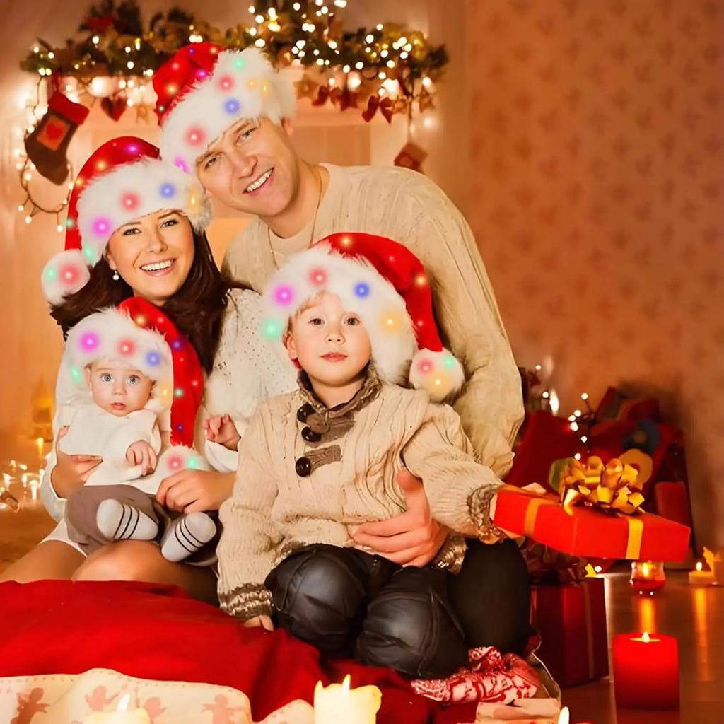 Festive Light Up Santa Hat with Soft Red Velvet Christmas LED Headwear for Adults Holiday Party Costume Unisex New Year Cheer