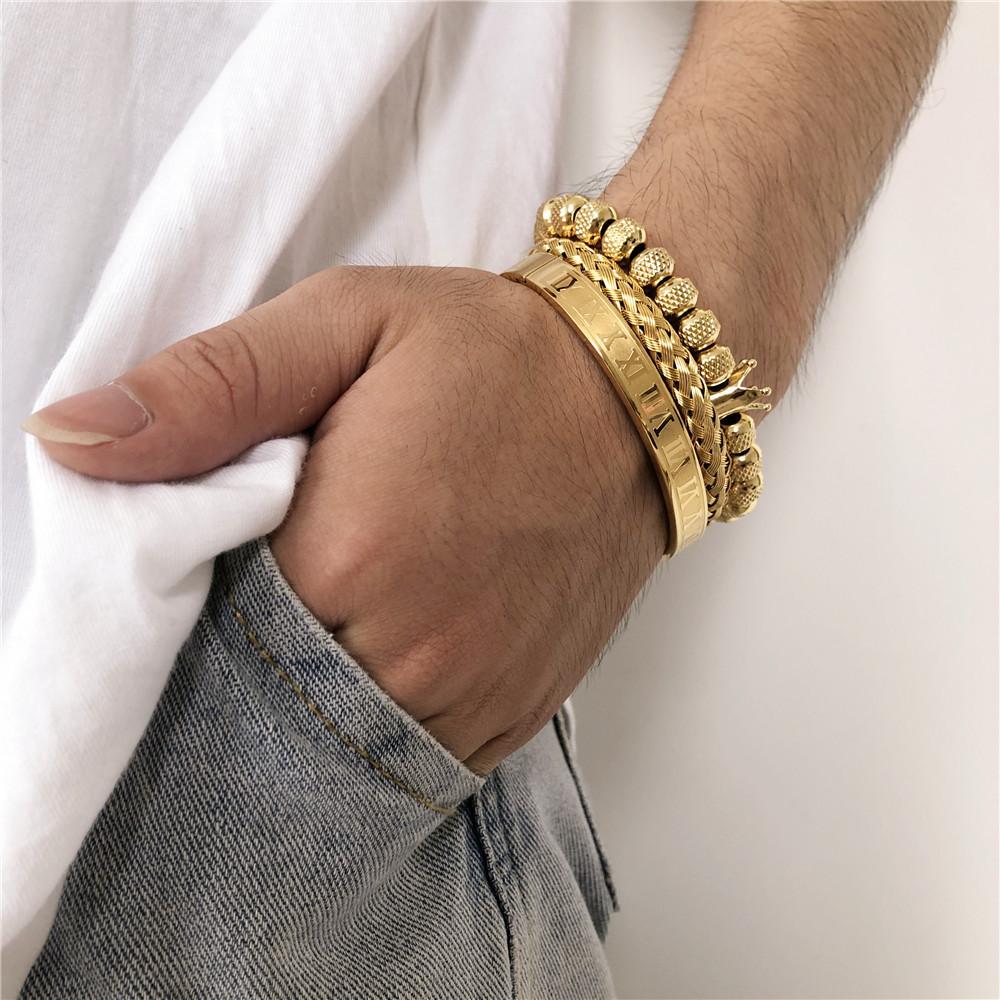 Vintage Crown Stainless Steel Bracelet Set With Letter And Number Charms For Men And Women