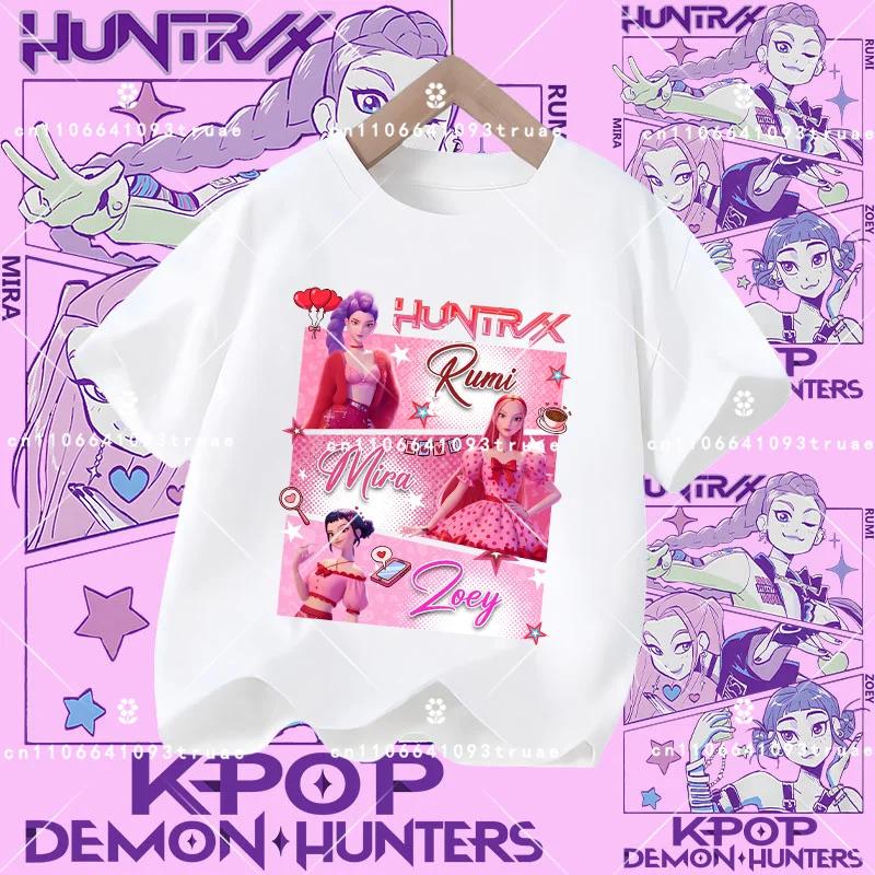 Summer T-shirt casual top with cartoon print, children's pure Polyester short-sleeved K-pop Demon Hunter girl cute sports shirt