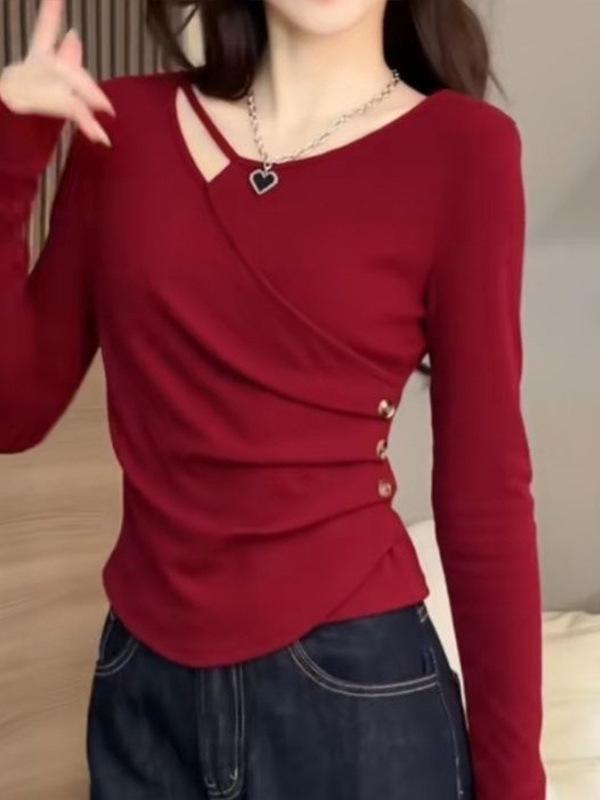 2025 Plus Size Women's Double-Sided Ribbed Long-Sleeve Autumn Cute Slimming T-Shirt