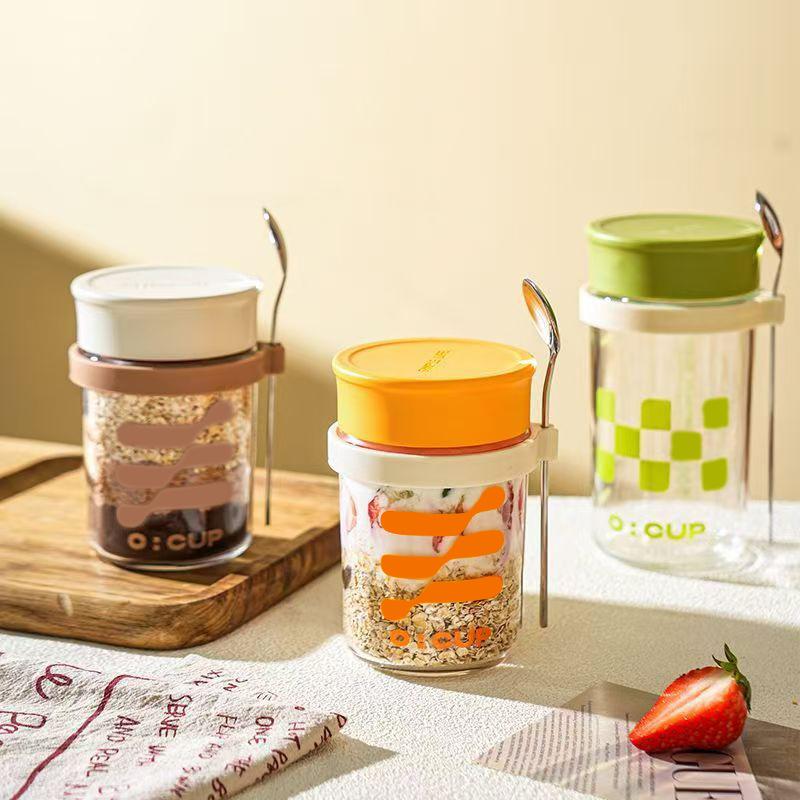 Oat Sealed Glass Jar with Lid, Portable Breakfast Cup, Milkshake Yogurt Cereal Cup