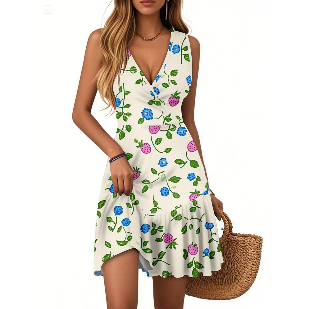 Women's Summer Dress V Neck Sleeveless Casual Floral Print Hem Pleated Dress