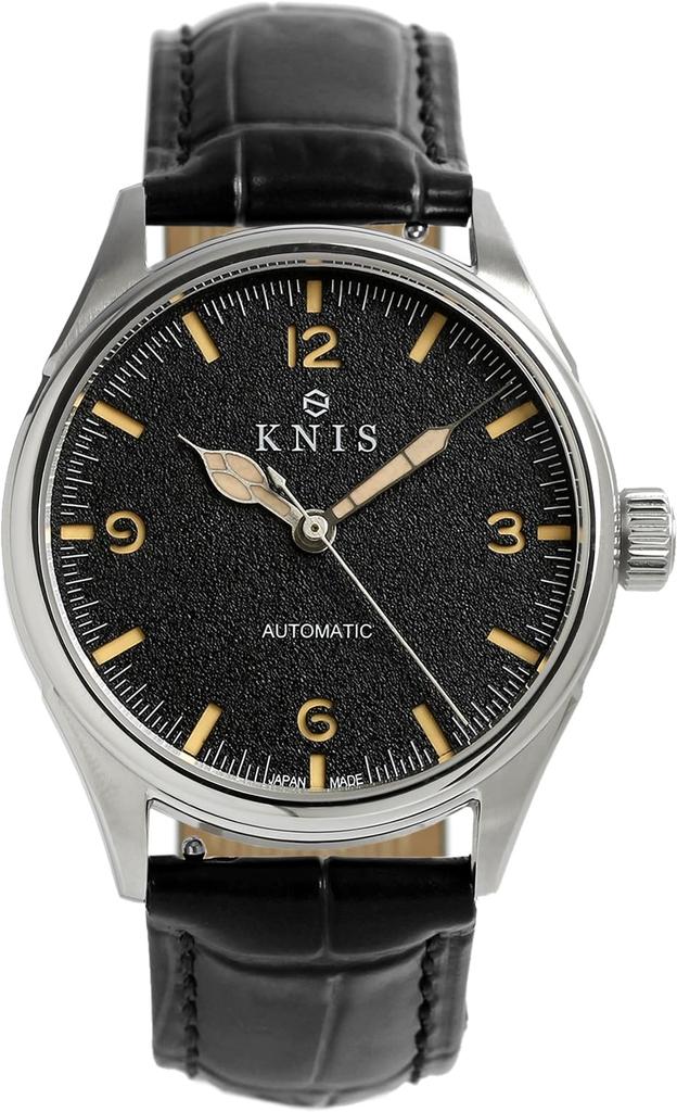 KNIS Lack, Made in Japan, Automatikuhr, Retro, Modern, Super Luminova, Saphirglas, Echtlederarmband, 10 ATM wasserdicht, Mechanisch, Schwarz