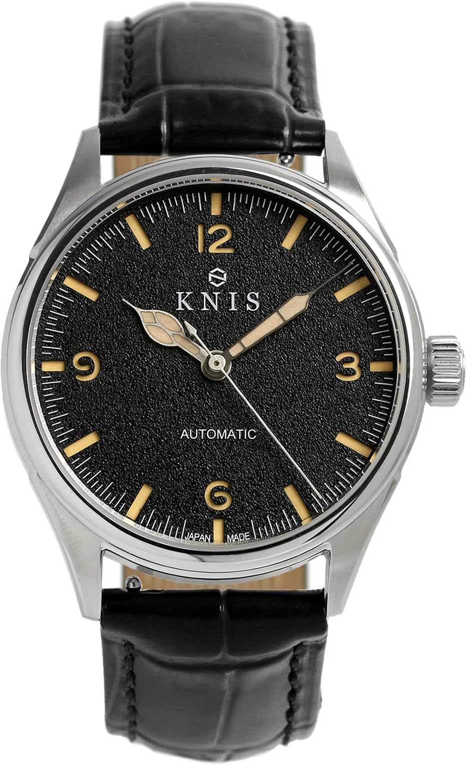 

KNIS Varnish Made in Japan Automatic Watch Retro Modern Super Luminova Sapphire Glass Genuine Leather Strap 10 ATM Water Resistant Mechanical Black чорний