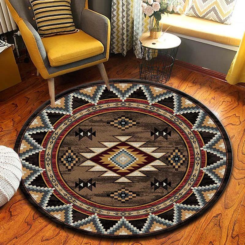 American Ethnic Circular Carpet Retro Anti Slip Rug Farmhouse Living Room Bedroom Winter Warm Home Decoration Mat