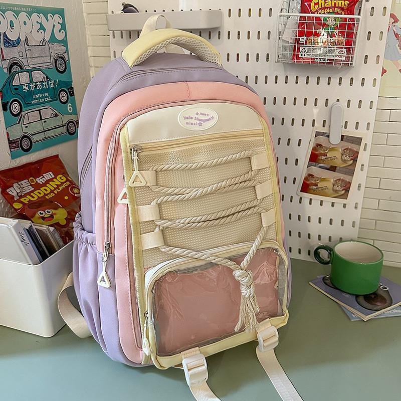Nylon Backpack For Teens With Colorful Splicing And Letter Pattern For Daily Use