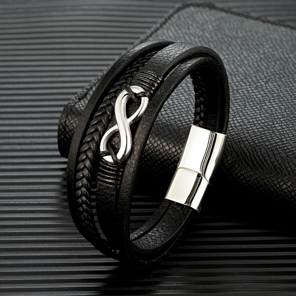 Bracciale Infinito Classico da Uomo Braccialetti Intrecciati Multistrato in Pelle per Donne Gioielli in Acciaio Inossidabile Nero Regali