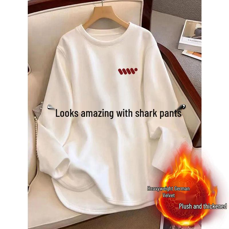 Velvet White Fleece-Lined Oversized Slit Long Sleeve Top for Women