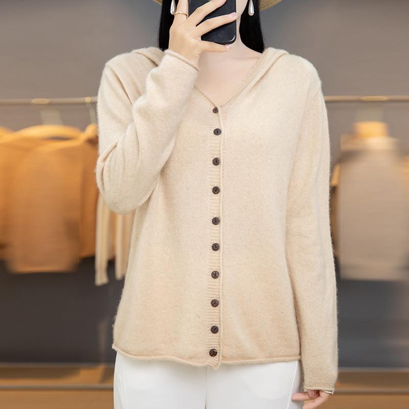 Frühlings- und Herbst-Strickpullover für Damen, einfarbig, Strickjacke, Kapuzenpullover, Langarm-Top