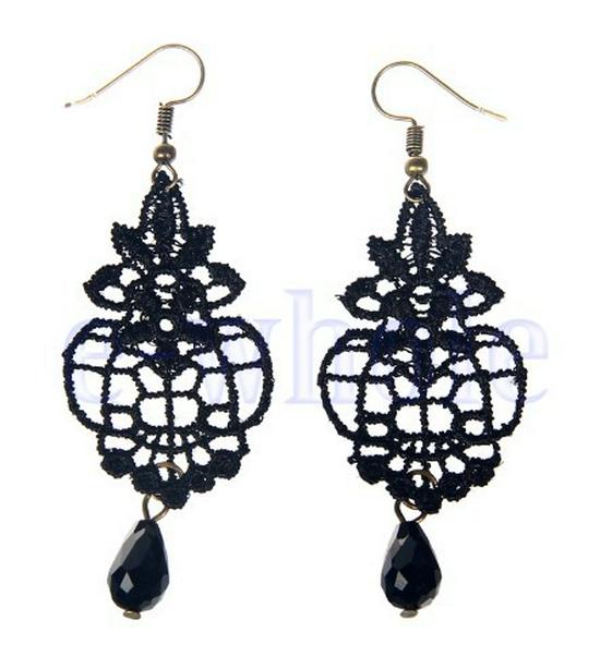 Boucles d'oreilles pendantes Baroques Vintage en Cristal et Dentelle pour Femmes - Noir.