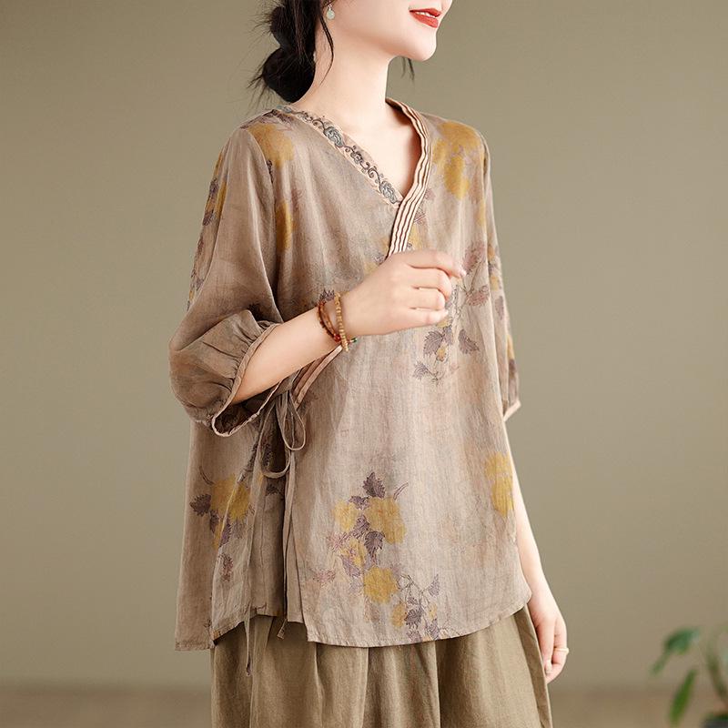 Women s Chinese Style Cotton Linen V-neck Embroidered Shirt - Summer Artistic Retro Top with Harem Pants L