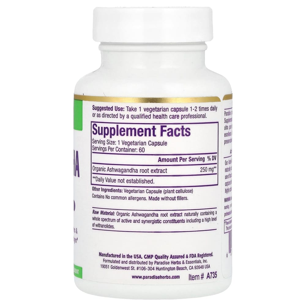 Paradise Herbs Ashwagandha Extract Veggie Capsules 60 Count