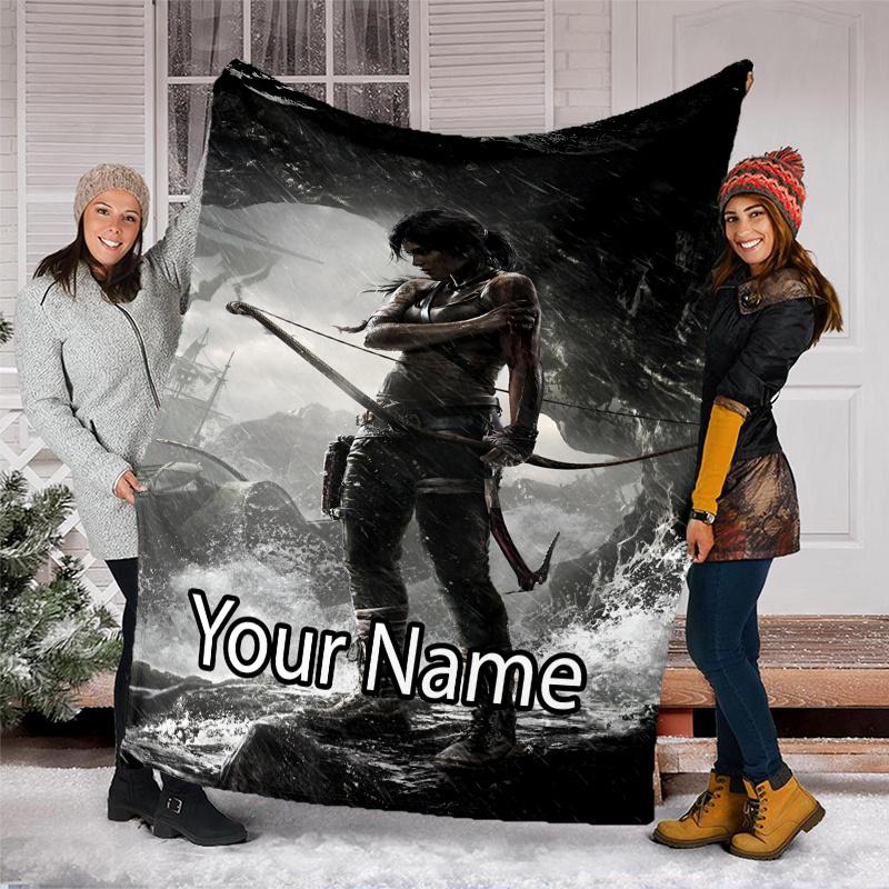 Custom Name Tomb Raider Theme Printed Blanket - Perfect for Couch, Bed, Travel & Outdoor Use | Machine Washable, Cozy & Durable.