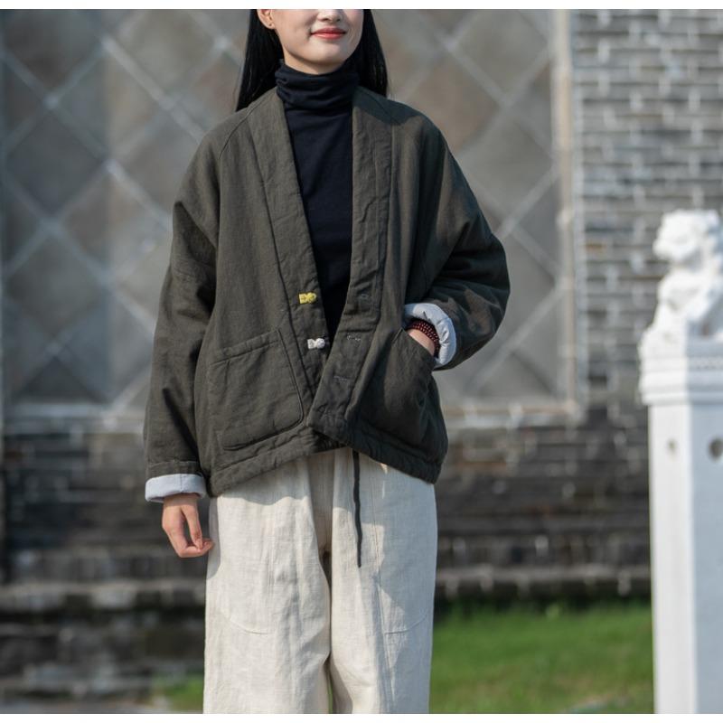 Winter New Cotton and Linen Women's Clothing Literary and Retro Disc-buckled Cotton-padded Top Women's Linen Warm Short Cotton-padded Clothes