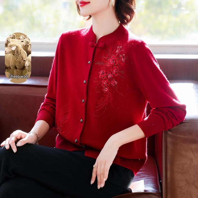 

QianLian Women s 100% Sheep Wool Embroidered Stand Collar Sweater L