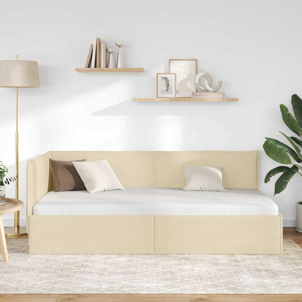 L Shaped Bed Frame with Headboard Cream 100 X 200 Cm Fabric