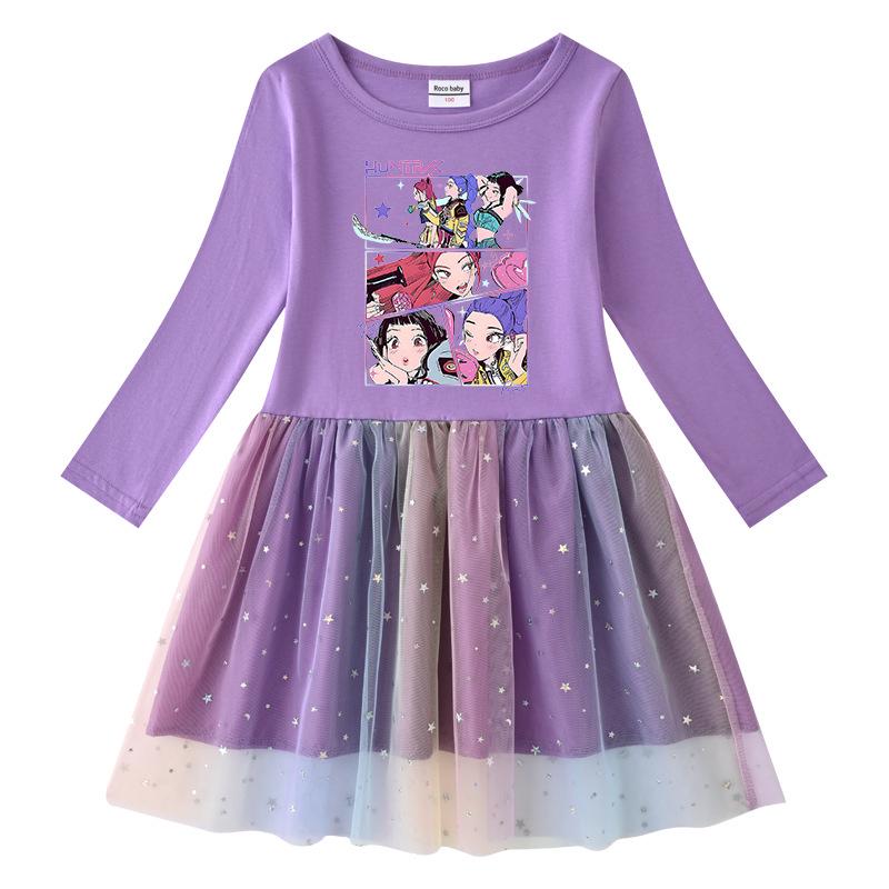 Vestido de Princesa Kpop Demon Slayer para Niñas con Lentejuelas Arcoíris y Malla, con Mangas Largas y Cortas para Primavera, Verano y Otoño.