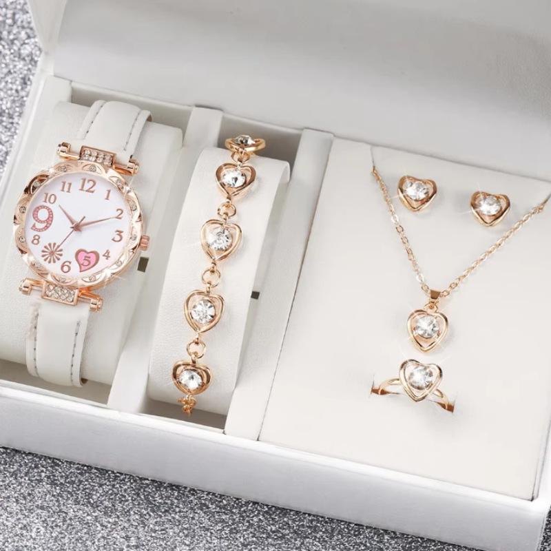 New Popular Women'S Diamond-Encrusted Dial Pu Leather Strap Quartz Watch Bracelet Set
