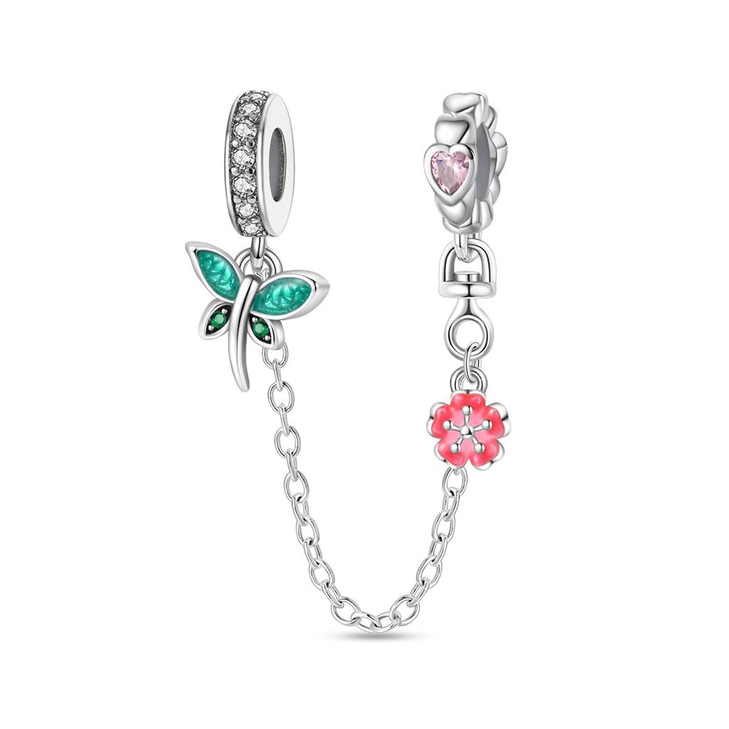 925 Silver Clover Ladybug Bee Butterfly Safety Chain Charm Fit Original Bracelet Pendants Dangle DIY Jewelry For Woman