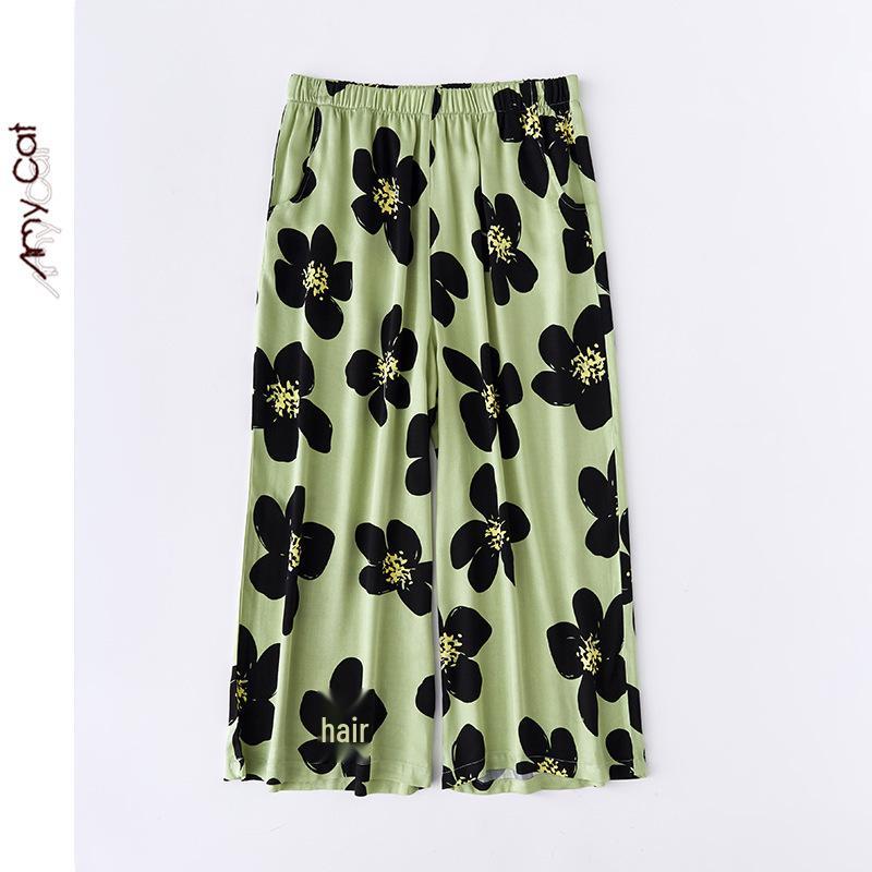 Женская зеленая пижама из хлопкового атласа с цветочным принтом — удобная одежда для дома и улицы Green Black Flower Wide Pants