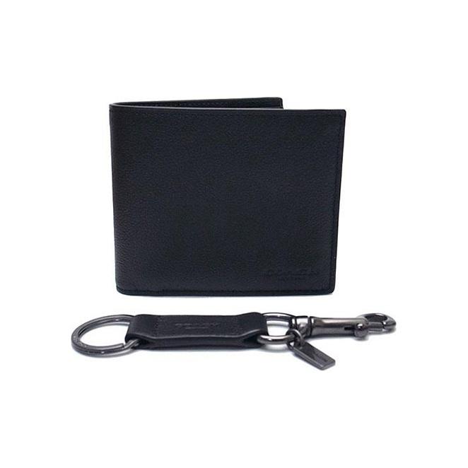 Coach Compact Casual Keychain Calfskin Card Holder Wallet Men Wallet Black 64118-BLK
