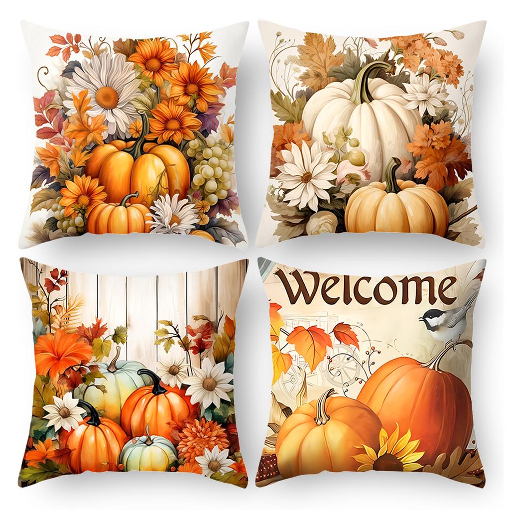 4pcs Fall Thanksgiving Pillow Cover Pumpkin Design Thanksgiving Linen Cushion Cover Happy Autumn Thanksgiving Holiday Decoration