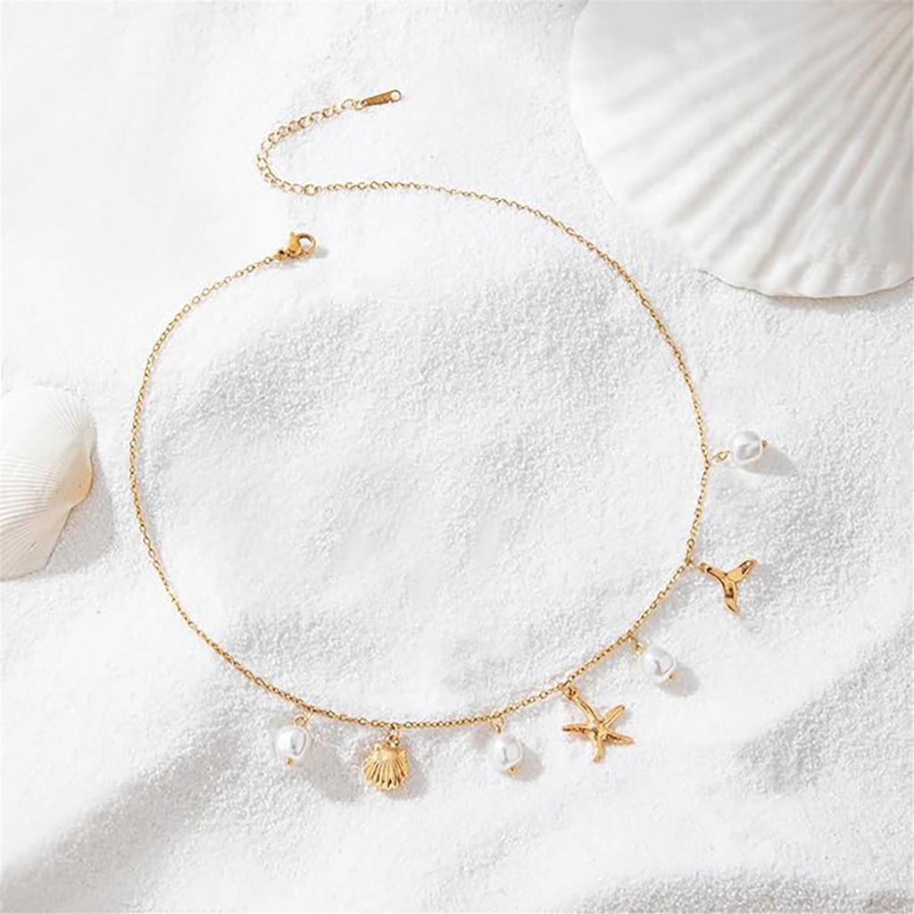 Oceanics Inspired Necklace With Pearls Shell Starfish Pendant Stainless Steel Jewelry for Women