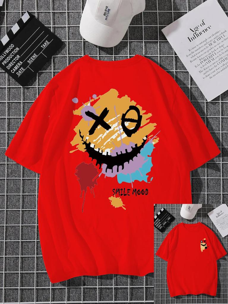 'Smile Mood' Print, Men's Casual Crew Neck Short-Sleeve  Fashion Summer T-Shirts Tops, Men's Outfits Tee,Regular Oversize Tees