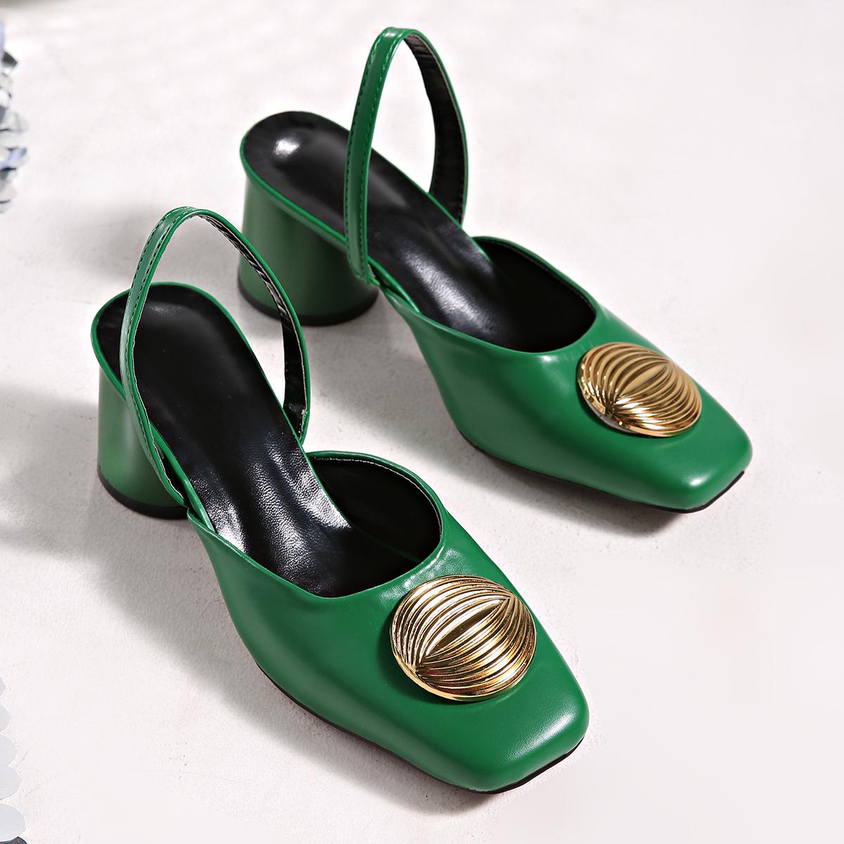 

Внешняя торговля ZA женская обувь 2025 весна новая квадратный носок мелкий вырез сумка голова металлическая круглая пряжка в сочетании с росой каблук толстый каблук сандалии 43 зелёный