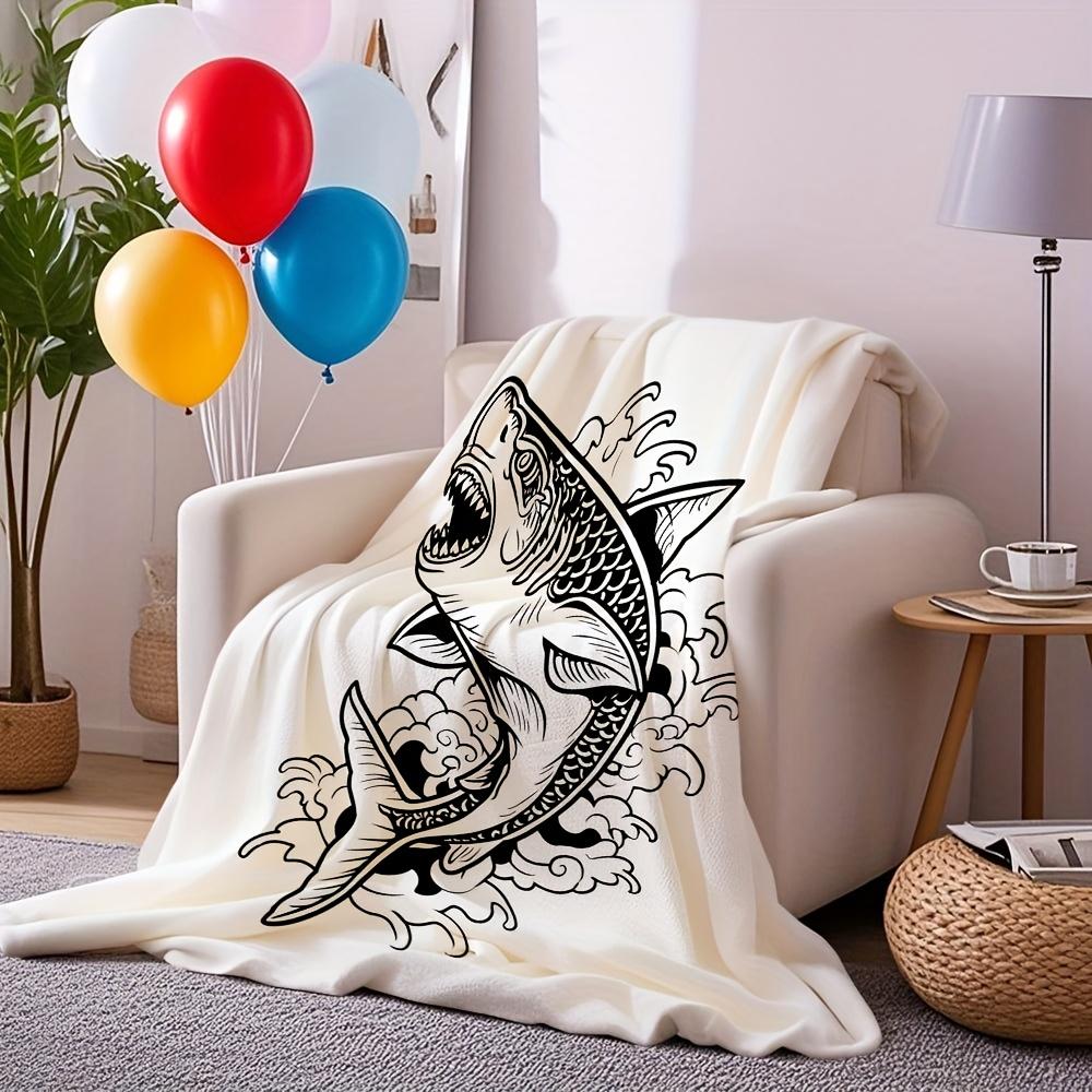 Tattoo Fish Art Throw Blanket Japanese Style Design for Living Room Decor Gift for Him OceanHomeStyle70x100
