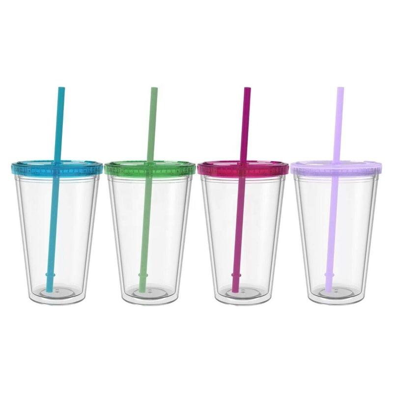 1PC 450ml Plastic Straw Cup Double Layer Transparent Drinking Cup Reusable Cold Cup Plastic Straw Tumbler with Straw and Lid
