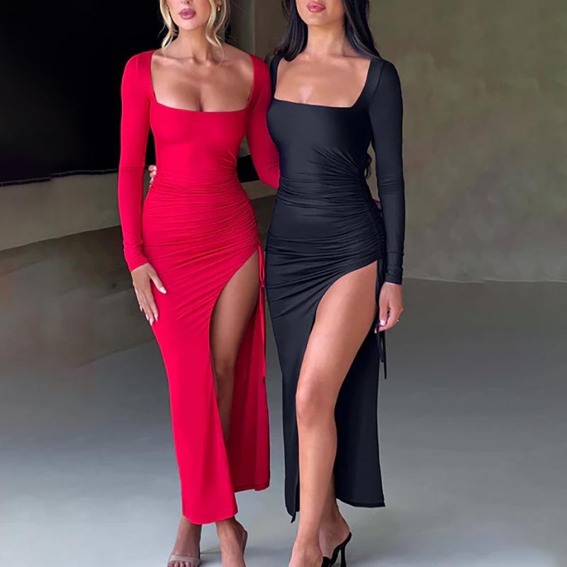Sexy Square Neck Long Sleeve Bodycon Dress with Slit and Tie-up Design